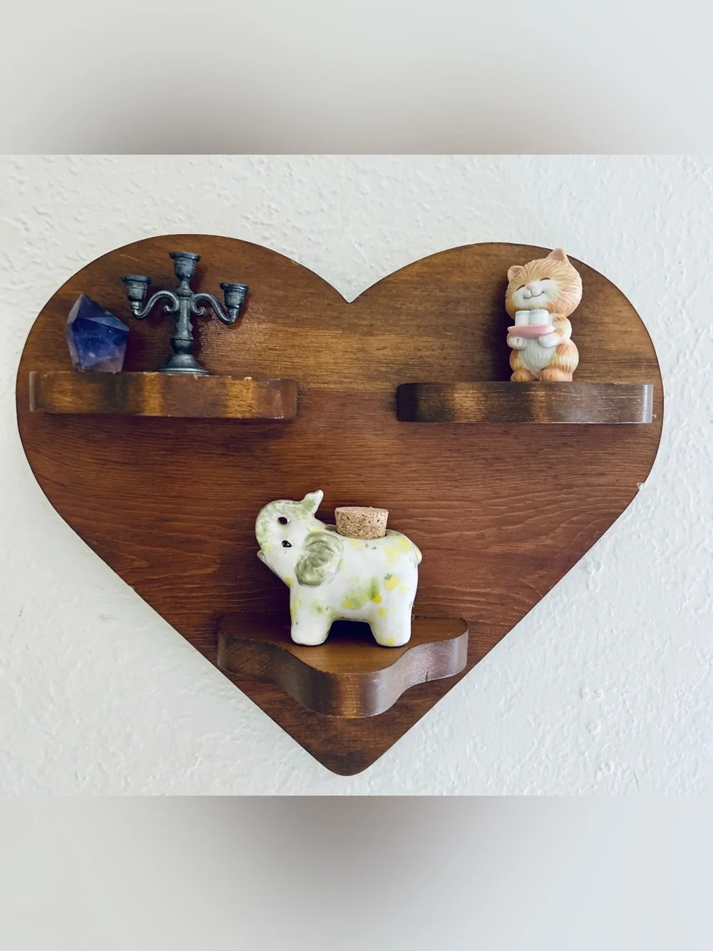 Vintage Handmade Wooden Heart Shaped Wall Trinket Shelf
